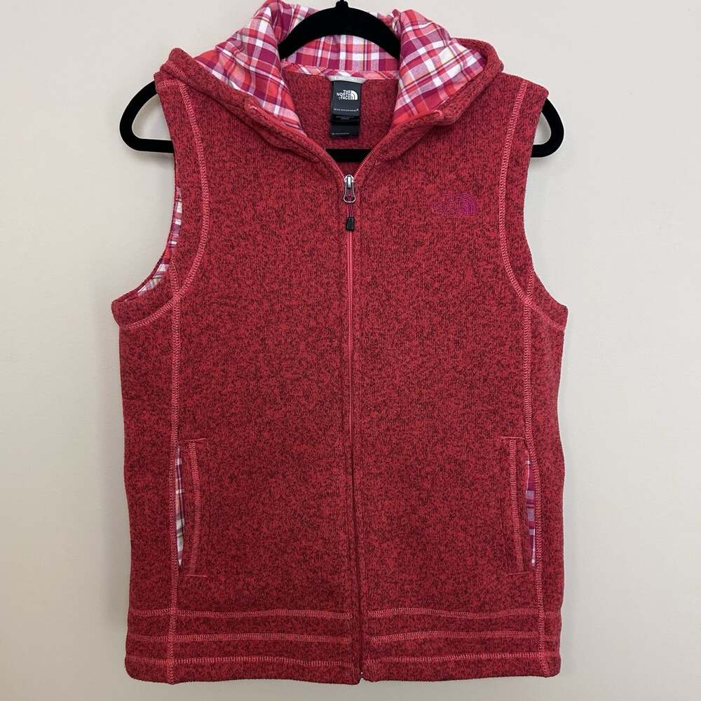 The North Face Women's Large Gilet Fleece Vest Full Zip Red Hooded Pockets